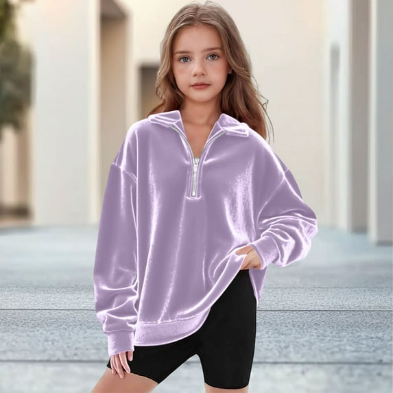 Viluyesy Girls Velvet Sweatshirt, Zipper Stand-Up Collar Long Sleeve Loose Fit Pullover Fashion Hoodied Purple 10T