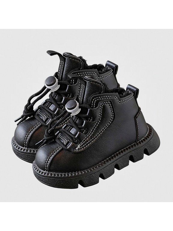 Girls Winter Ankle Boots Toggle Lace Up Warm Fleece Lined Platform Lug Sole Outdoor Shoes Black Size 6.5 Toddler