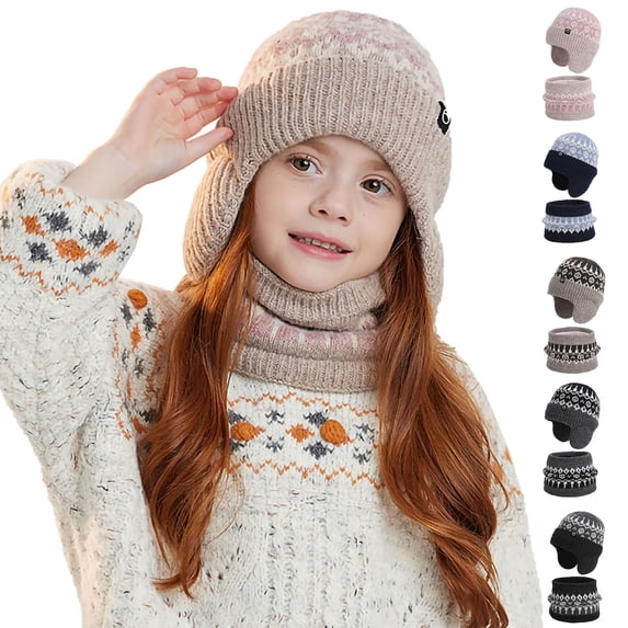Viluyesy Girls Winter Hat with Scarf Fleece Lined Winter Warm Hat Stretch Soft Snow Hat Khaki Size Free Size