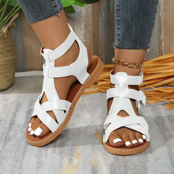 Viluyesy Gladiator Sandals for Womens, Open Toe Wide Width Ankle Strap Summer Beach Roman Flat Shoes White 9.5