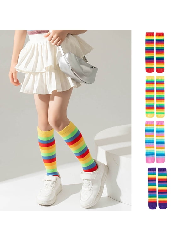 Kids Crew Socks Rainbow Stripe Pattern, Soft Cotton Stretchy Ribbed Cuff Socks Pink Size Free Size