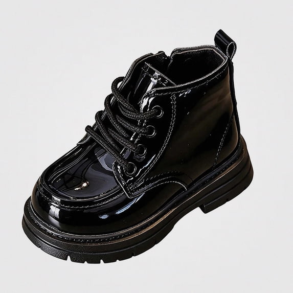 Viluyesy Kids Patent Lace Up Ankle Boots, Glossy Faux Leather, Side Zipper, Thick Platform Sole Casual Dress Booties Black Size 12 Little Kids