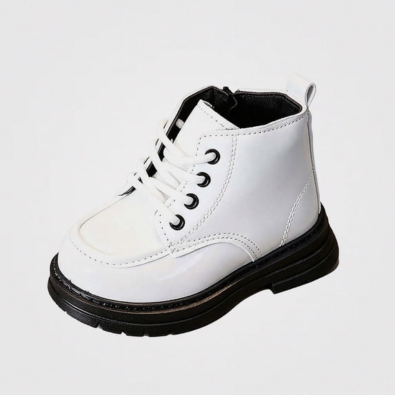 Viluyesy Kids Patent Lace Up Ankle Boots, Glossy Faux Leather, Side Zipper, Thick Platform Sole Casual Dress Booties White Size 7 Toddler