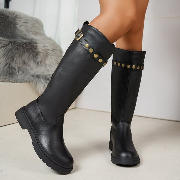 Viluyesy Knee High Boots for Womens, Round Toe Low Heels Zipper Fashion Comfortable Tall Boots Black US9.5