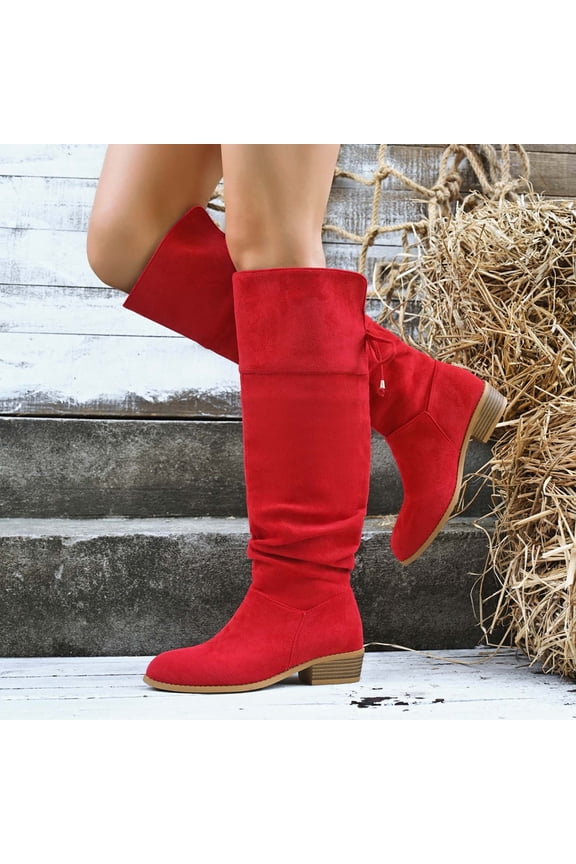 Knee High Boots for Womens, Wide Calf Low Heels Pull-On Fall Winter Suede Slouch Tall Boots Red US7