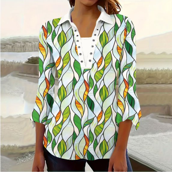 Viluyesy Lapel Collar T-Shirt for Womens 3/4 Sleeves Shirt Tops Comfortable Fashionable Relaxed Lapel Collar Petal Loose Blouse Green Size L