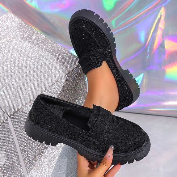 Viluyesy Loafers for Women Platform Slip On Chunky Sole Glitter Comfortable Casual Dress Shoes Lug Sole Everyday Black Size 5.5