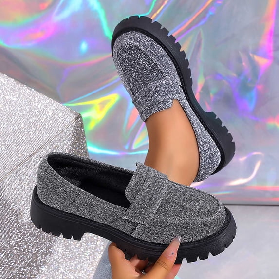 Viluyesy Loafers for Women Platform Slip On Chunky Sole Glitter Comfortable Casual Dress Shoes Lug Sole Everyday Silver Size 6.5