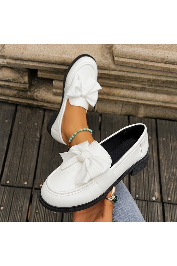 Loafers for Womens, Chunky Heels Lug Sole Bow PU Leather Fashion Dress Platform Shoes White US7