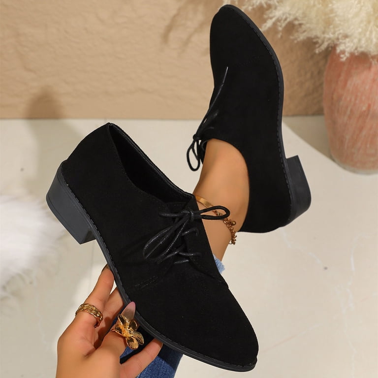 Viluyesy Loafers for Womens, Low Heels Lace Up Pointed Toe Suede Leather Dress Shoes Black Us6.5, Women's