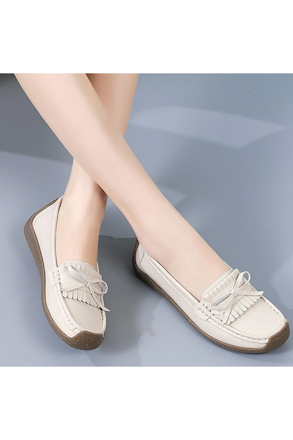 Loafers for Womens, Non-Slip Bow Tassel Soft Sole Casual Shallow Slip-On Flats Shoes Beige