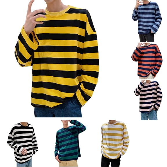 Viluyesy Mens Blouses Pullover Striped Shirts Light Weight Crew Neck Casual Fashion Fall and Winter Tops for Men Orange Size L