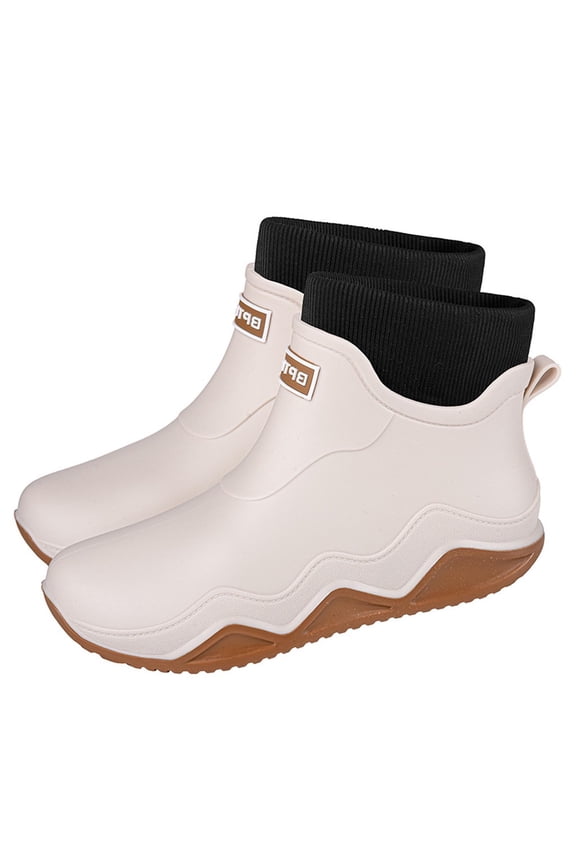 Mens and Womens Rain Boots, Stretch Knitted Calf Anti-Slip Waterproof Unisex Outdoor Ankle Rainboots White US7