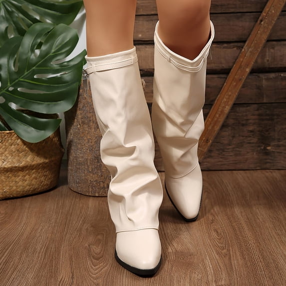Viluyesy Mid Calf Boots for Women Block Heel Pointed Toe Slouchy Faux Leather Side Zipper Casual Dressy Fashion Shoes Beige Size 7