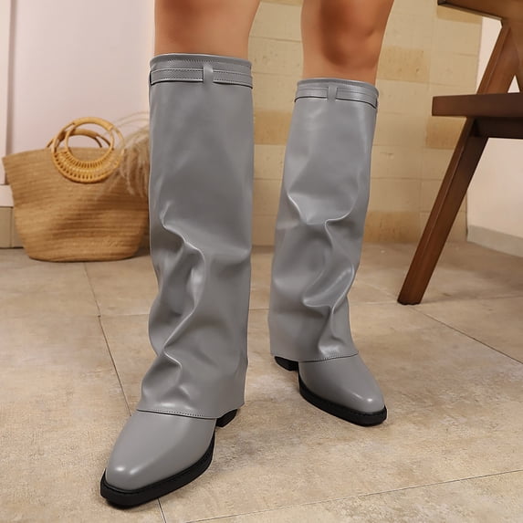 Viluyesy Mid Calf Boots for Women Fashion Block Heel Pointed Toe Slouchy Faux Leather Side Zipper Casual Dressy Shoes Gray Size 7