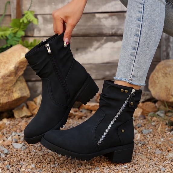 Viluyesy Mid Calf Boots for Womens, Side Zipper Chunky Heels Comfortable Trendy Slouchy Moto Boots Black US9.5