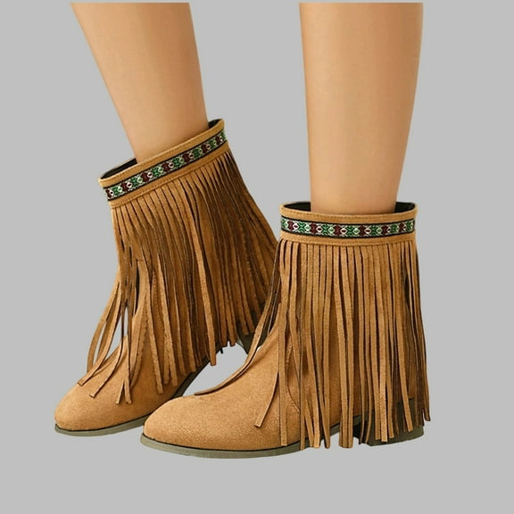 Viluyesy Mid Calf Boots for Womens, Trendy Tassel Chunky Heels Pointed Toe Fall Winter Suede Boots Brown