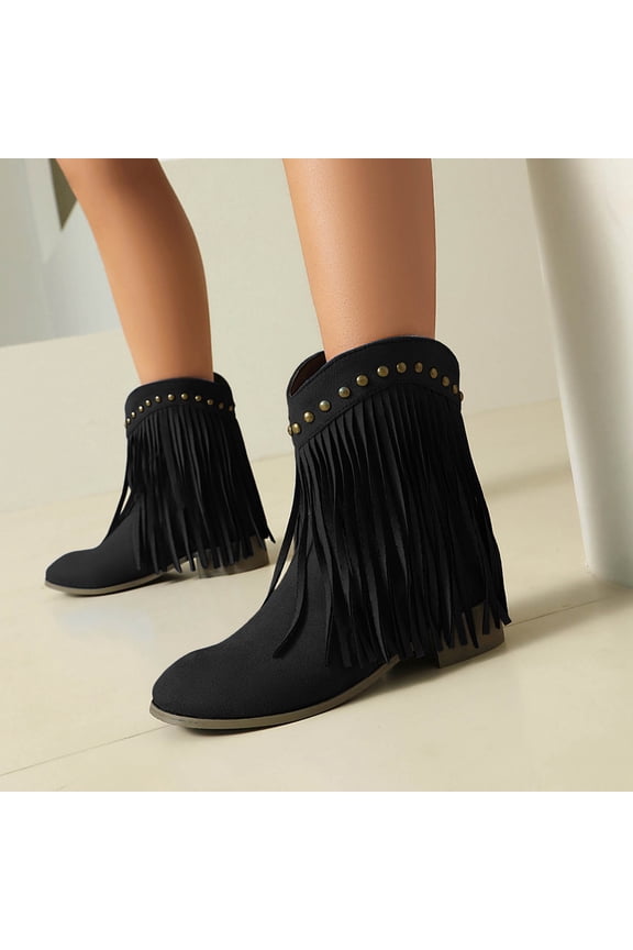 Mid Calf Boots for Womens, Trendy Tassel Chunky Heels Round Toe Fall Winter Suede Boots Black