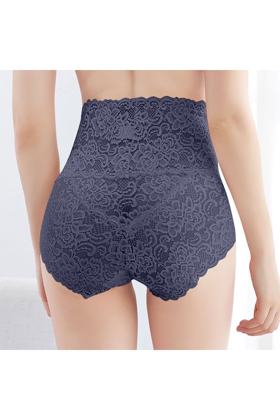 Panties for Womens, High Waist Solid Color Lace Breathable Comfy Tummy Control Briefs Blue M