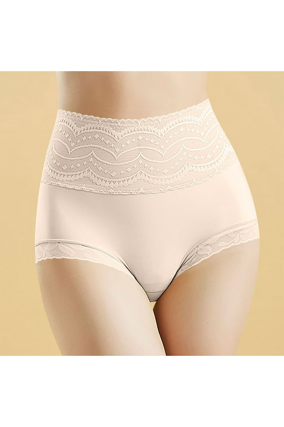 Panties for Womens, High Waist Tummy Control Solid Color Lace Comfy Breathable Briefs Beige XL