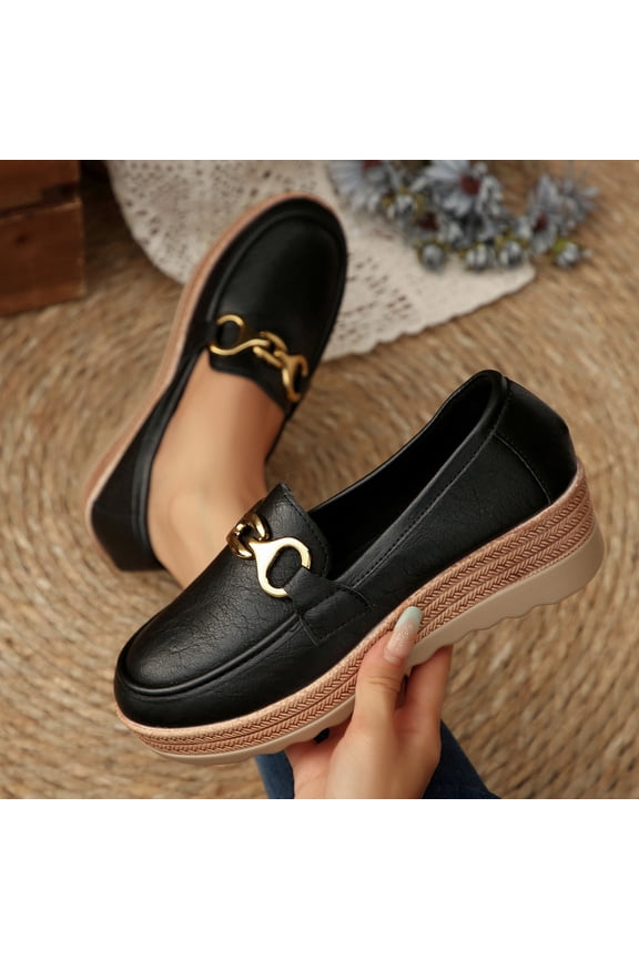 Platform Loafers for Womens, Wedge Heels Slip-On Comfortable Casual Business Buckle Leather Shoes Black US9