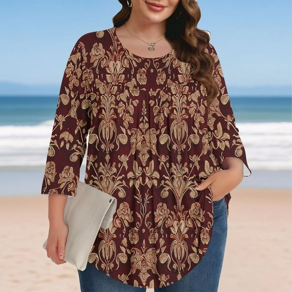 Viluyesy Plus Size 3/4 Sleeves T-Shirt Women Round Neck Shirt Tops Fashionable Loose Blouse Coffee Size 2XL