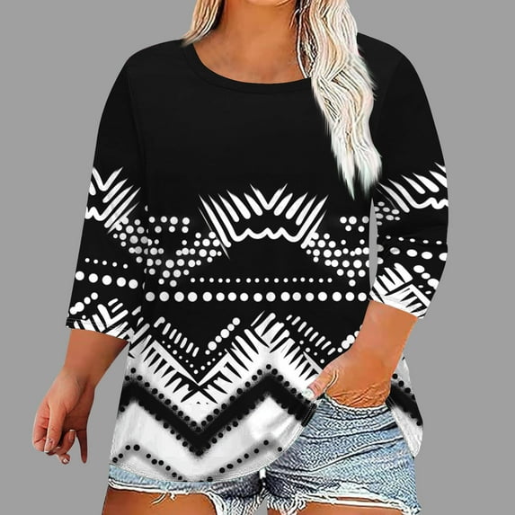 Viluyesy Plus Size 3/4 Sleeves T-Shirt Women Round Neck Shirt Tops Loose Blouse Black Size 2XL