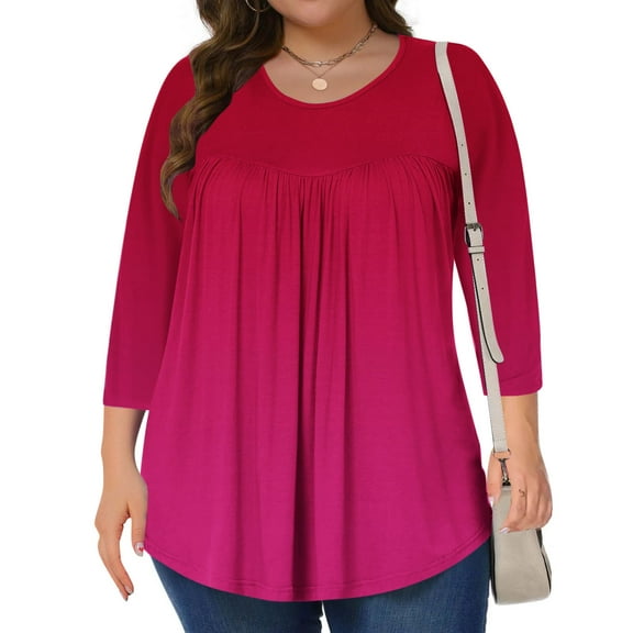 Viluyesy Plus Size 3/4 Sleeves T-Shirt Women Round Neck Shirt Tops Loose Blouse Hot Pink Size 5XL
