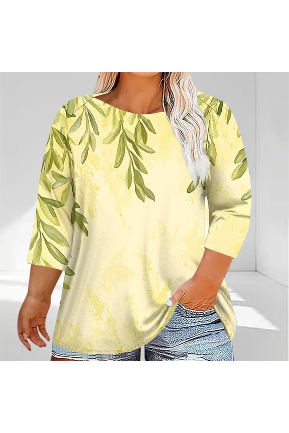 Plus Size 3/4 Sleeves T-Shirt Women Round Neck Shirt Tops Loose Blouse Yellow Size XL
