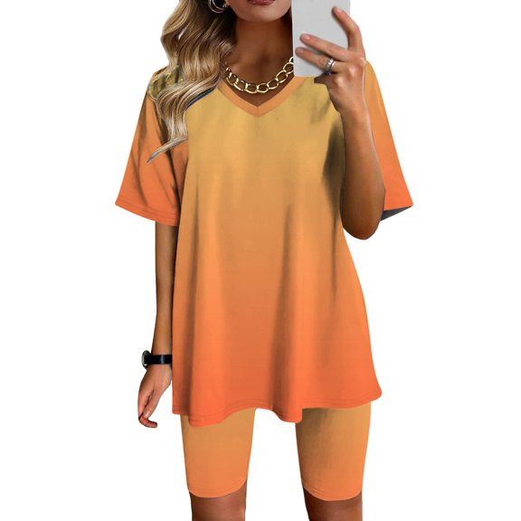 Viluyesy Printed Tops Short Pants Sets Womens Round Neck Summer T-Shirt and Shorts 2PC Fashionable Relaxed Shirt and Shorts Sets Two PC Blue Size S