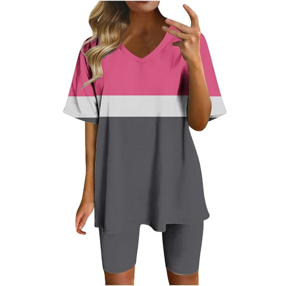 Viluyesy Printed Tops Short Pants Sets Womens Round Neck Summer T-Shirt and Shorts 2PC Fashionable Shirt and Shorts Sets Two PC Hot Pink Size S