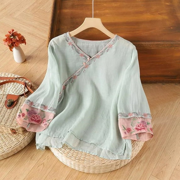 Viluyesy Round Neck Button T-Shirt for Womens Embroidery 3/4 Sleeves Shirt Tops Cardigan Button Cotton Loose Blouse Green Size 4XL