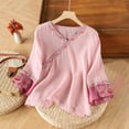 thumbnail image 1 of Viluyesy Round Neck Button T-Shirt for Womens Embroidery 3/4 Sleeves Shirt Tops Cardigan Button Cotton Loose Blouse Pink Size 2XL, 1 of 3
