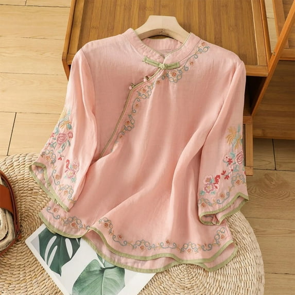 Viluyesy Round Neck Button T-Shirt for Womens Embroidery 3/4 Sleeves Shirt Tops Cardigan Button Cotton Loose Blouse Pink Size M