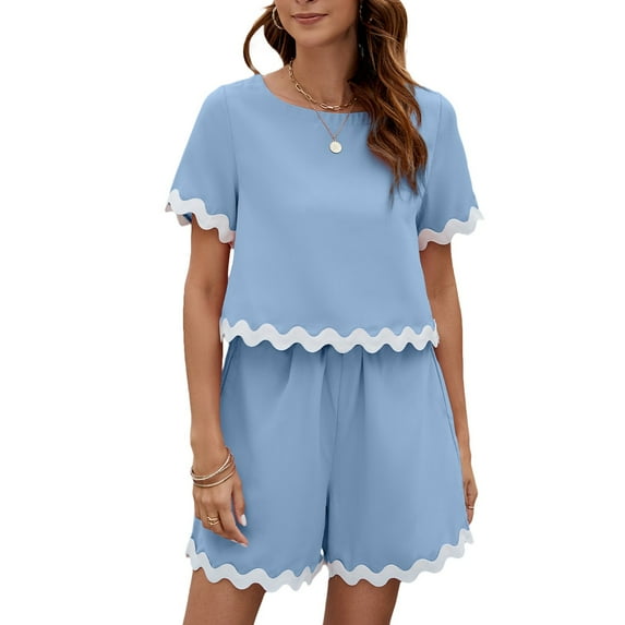 Viluyesy Round Neck Summer T-Shirt and Shorts Set for Womens Solid Color Tops Short Pants Fashionable Stripe Shirt and Shorts Sets Two PC Light Blue Size S
