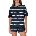 thumbnail image 1 of Viluyesy Round Neck T-Shirt and Shorts 2PC for Women Printed Tops Elastic Waist Short Pants Sets Relaxed Stripe Shirt and Shorts Sets Two PC Black Size S, 1 of 5