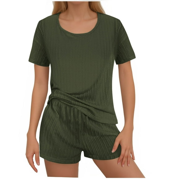Viluyesy Round Neck T-Shirt and Shorts Set for Womens Solid Color Tops Elastic Waist Short Pants Relaxed Knitted Shirt and Shorts Sets Two PC Army Green Size M