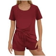 thumbnail image 1 of Viluyesy Round Neck T-Shirt and Shorts Set for Womens Solid Color Tops Elastic Waist Short Pants Relaxed Knitted Shirt and Shorts Sets Two PC Red Size M, 1 of 6