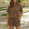 thumbnail image 1 of Viluyesy Round Neck T-Shirt and Shorts Set for Womens Solid Color Tops Elastic Waist Short Pants Tight Stripe Shirt and Shorts Sets Two PC Brown Size M, 1 of 2