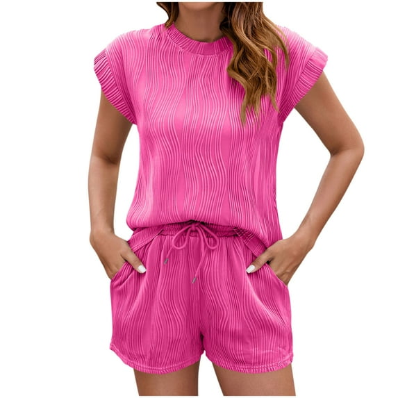 Viluyesy Round Neck T-Shirt and Shorts Set for Womens Solid Color Tops Elastic Waist Short Pants New Shirt and Shorts Sets Two PC Hot Pink Size L