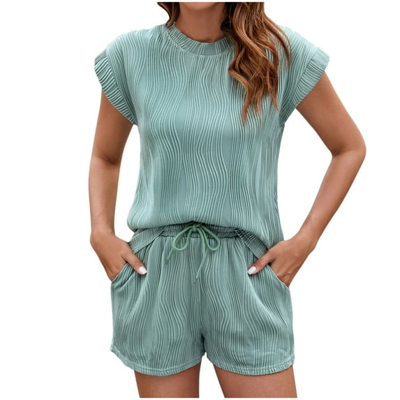 Viluyesy Round Neck T-Shirt and Shorts Set for Womens Solid Color Tops Elastic Waist Short Pants New Shirt and Shorts Sets Two PC Light Blue Size L