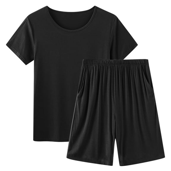 Viluyesy Round Neck T-Shirt and Shorts Set for Womens Solid Color Tops Elastic Waist Short Pants Pocket Shirt and Shorts Sets Two PC Black Size 2XL