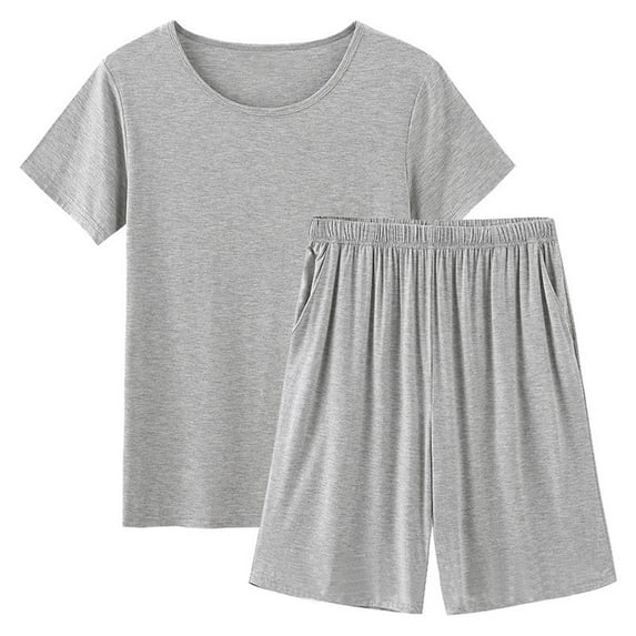 Viluyesy Round Neck T-Shirt and Shorts Set for Womens Solid Color Tops Elastic Waist Short Pants Pocket Shirt and Shorts Sets Two PC Gray Size 2XL