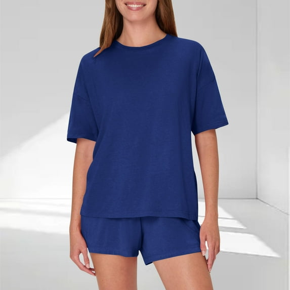 Viluyesy Round Neck T-Shirt and Shorts Set for Womens Solid Color Tops Elastic Waist Short Pants Relaxed Shirt and Shorts Sets Two PC Blue Size S