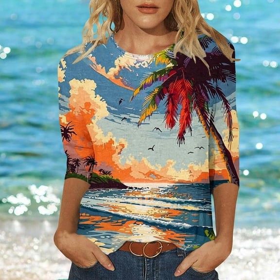 Viluyesy Round Neck T-Shirt for Womens 3/4 Sleeves Shirt Tops Comfortable Relaxed Loose Blouse Multicolor Size S