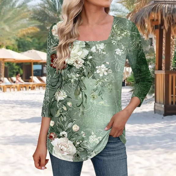 Viluyesy Round Neck T-Shirt for Womens 3/4 Sleeves Shirt Tops Fashionable Loose Blouse Army Green Size 5XL