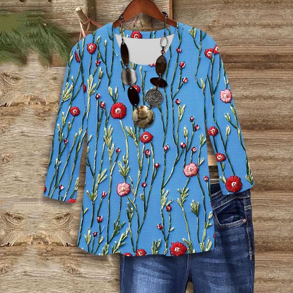 Viluyesy Round Neck T-Shirt for Womens 3/4 Sleeves Shirt Tops Fashionable Loose Blouse Blue Size 5XL