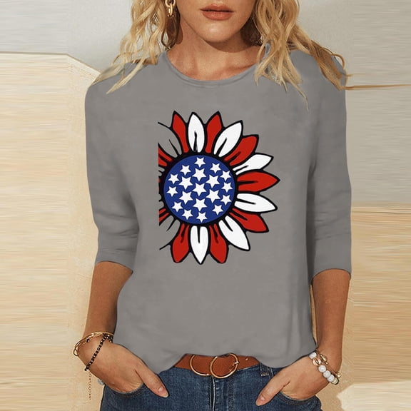 Viluyesy Round Neck T-Shirt for Womens 3/4 Sleeves Shirt Tops Fashionable Loose Blouse Gray Size S