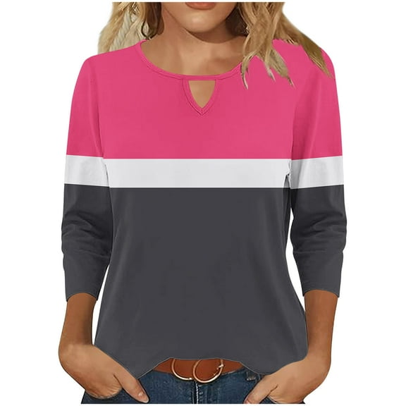 Viluyesy Round Neck T-Shirt for Womens 3/4 Sleeves Shirt Tops Fashionable Loose Blouse Hot Pink Size S