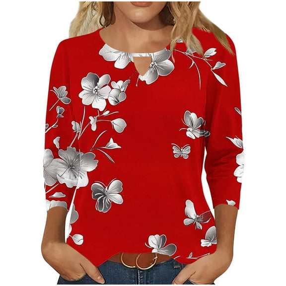 Viluyesy Round Neck T-Shirt for Womens 3/4 Sleeves Shirt Tops Fashionable Loose Blouse Red Size 2XL